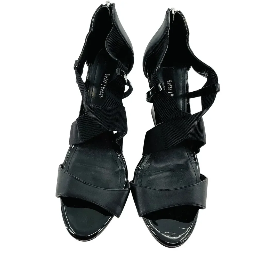 WHBM Black Leather Strappy Career Chic Zip Back Elastic Ankle Wedge Heel 9.5